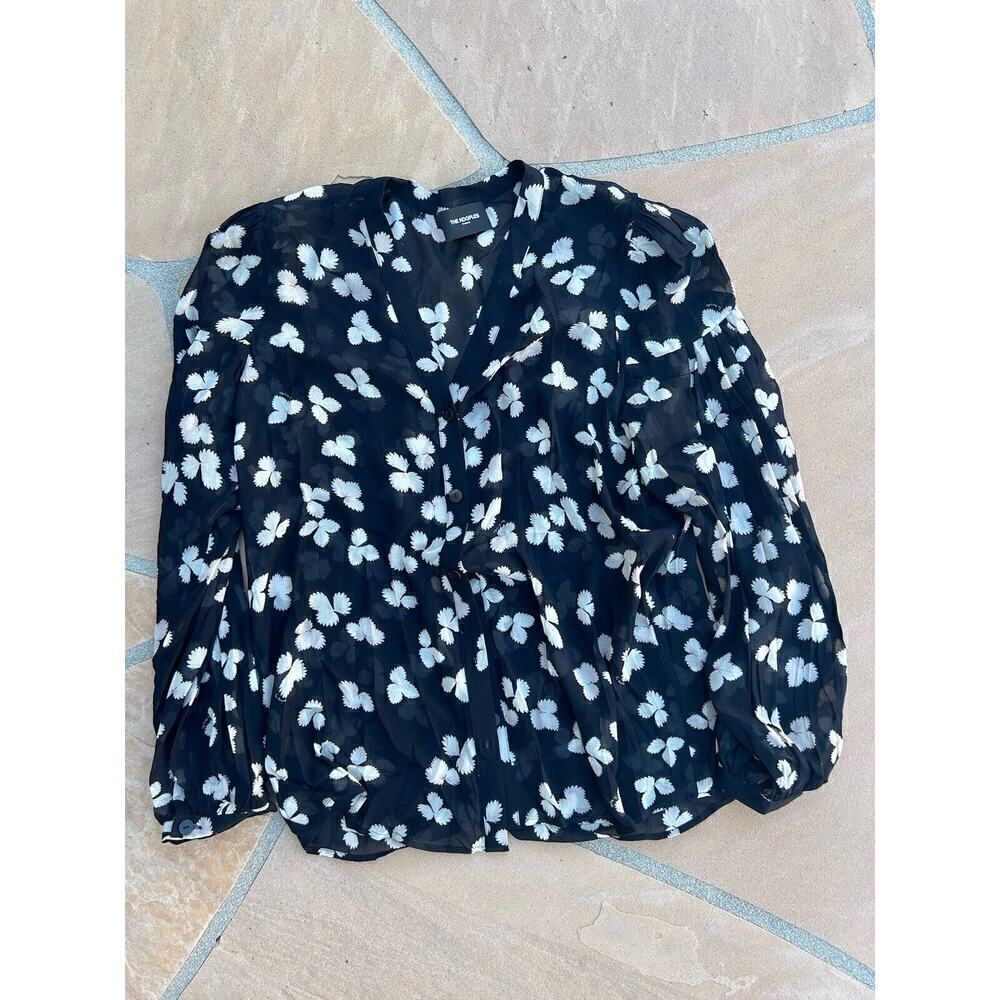 The Kooples Women's Split Neck Long Sleeve Floral Button Up Silk Blouse Size L